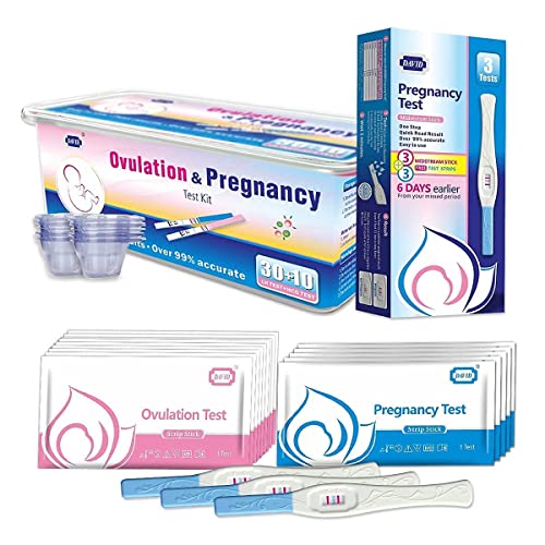 DAVID Ovulation Test and Pregnancy Test Kit, 30 LH + 10 HCG Strips Combo and 3 HCG Sticks + 3 Strips Combo, 43 Urine Cups