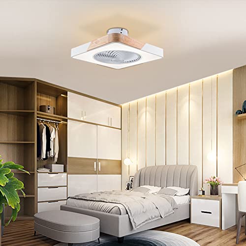 Enclosed Bladeless Ceiling Fan with Light Remote Control 22inch Semi-Flush Mount Ceiling Fan Light Modern Macaron Acrylic Invisible Hidden Blade Stepless Dimming for Bedroom Kids Room 36W 110V White Square