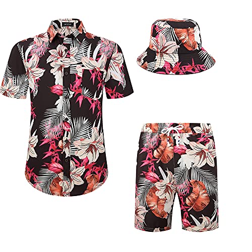 MCEDAR Men’s Hawaiian Shirt and Short 2 Piece Vacation Outfits Sets Casual Button Down Beach Floral Shirts Suits With Bucket Hats 202129-2XL