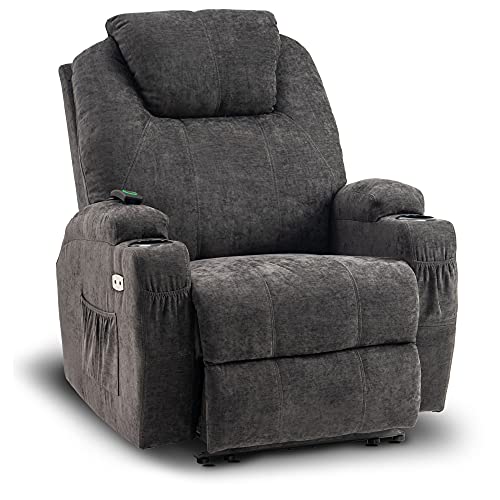 MCombo Electric Power Recliner Chair with Massage and Heat, Extended Footrest, USB Ports and Cup Holders, Fabric 7055 (Not Lift Chair) (Dark Grey)