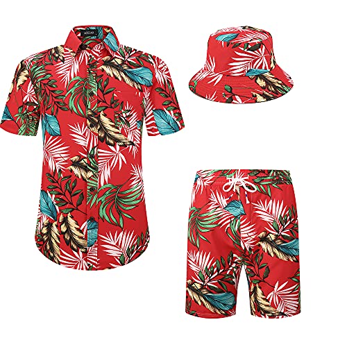 MCEDAR Men’s Hawaiian Shirt and Short 2 Piece Vacation Outfits Sets Casual Button Down Beach Floral Shirts Suits With Bucket Hats 202127-XL