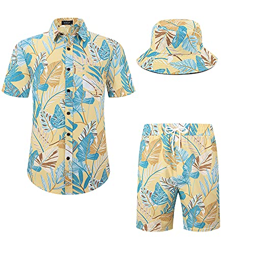 MCEDAR Men’s Hawaiian Shirt and Short 2 Piece Vacation Outfits Sets Casual Button Down Beach Floral Shirts Suits with Bucket Hats 202133-L