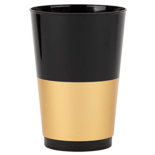 PLASTICPRO Disposable 12 oz Black Plastic Tumblers With Gold Band for Party’s & Weddings pack of 40