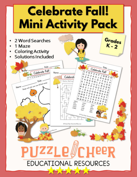 Fall Mini Activity Pack | Word Searches, Maze and Design/Color Activity for K-2