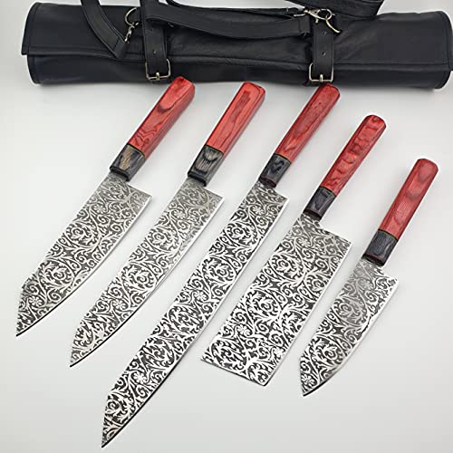 Vetus Japanese Knife Set | 12C27 High Stainless Steel Chef Knife Set | Professional Etched Kitchen Knives Set with Chef Bag/Knife Roll | Chef Knife Bag