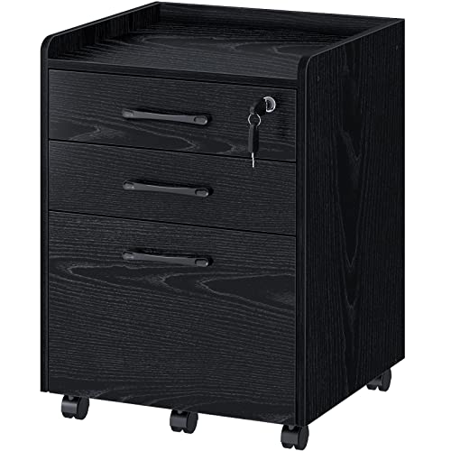 Rolanstar File Cabinet with 3 Drawers & 1 Lock, Rolling Mobile Filing Cabinet with Lip Edge, Office File Cabinet with Wheels for Letter/Legal Size Documents, Under Desk Black Vertical File Cabinet