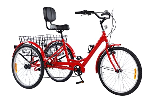 Sibosen Adult Tricycle 7 Speed, 20/24/26 inch Three Wheel Bikes, 3 Wheel Trike Bikes for Adults, Backrest Seat, Shopping Basket, Multiple Colors (Red, 20″/7-Speed)
