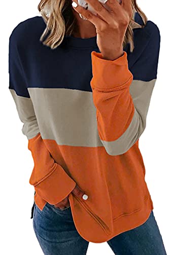 SMENG womens long sleeve tops crewneck fashion fall clothes orange sweatshirt women color block casual striped clothing lightweight teen shirts orange L