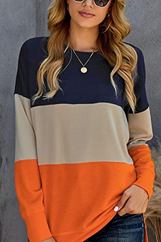SMENG womens long sleeve tops crewneck fashion fall clothes orange sweatshirt women color block casual striped clothing lightweight teen shirts orange L | The Storepaperoomates Retail Market - Fast Affordable Shopping