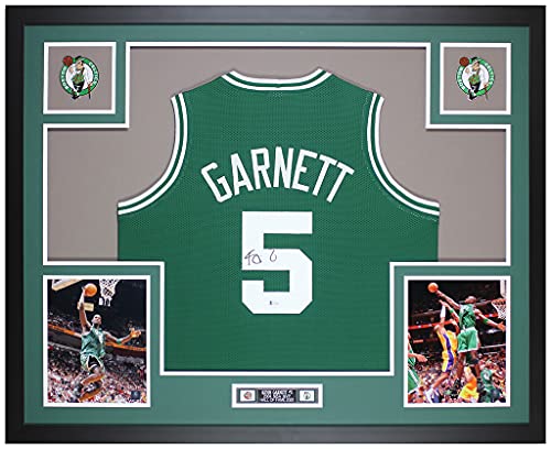 Kevin Garnett Autographed Green Boston Celtics Jersey – Beautifully Matted and Framed – Hand Signed By Garnett and Certified Authentic by Beckett – Includes Certificate of Authenticity