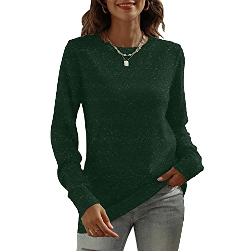 DUTUT Women’s Long Sleeve Glitter Tops Crewneck Pullover Sweater Basic Casual Solid Color Tunic Tops Fall Soft Sweater Green