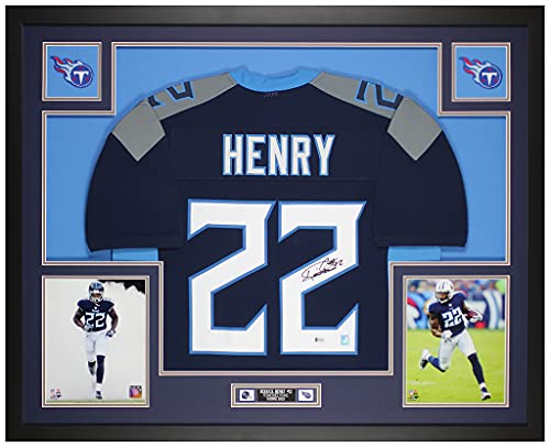 Derrick Henry Autographed Blue Tennessee Jersey – Beautifully Matted and Framed – Hand Signed By Henry and Certified Authentic by Beckett – Includes Certificate of Authenticity