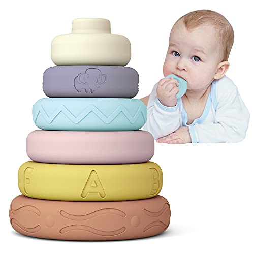 Mini Tudou 6 PCS Baby Stacking & Nesting Toys, Soft Stacking Blocks Ring Stacker, Baby Sensory Teethers Toys w/ Letter, Animal and Shape, Early Learning Toys for Babies Toddlers Kids 6 Months(Candy)