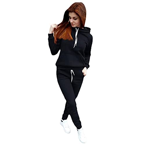 JIHUILAI Womens Two Piece Outfits Black Hoodie Women Sets Long Sleeve Hooded Sweatshirt and Sweatpants Athletic Tracksuit Matching Sets
