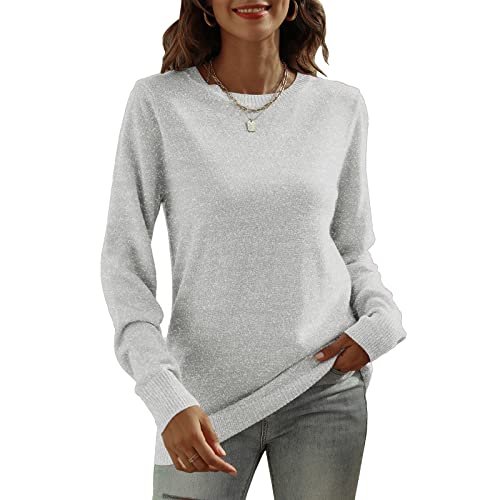 DUTUT Women’s Long Sleeve Glitter Tops Crewneck Pullover Sweater Basic Casual Solid Color Tunic Tops Fall Soft Sweater Light Gray