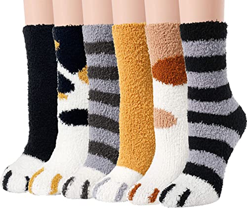 Ginmewrae Women Fuzzy Socks 6 Pairs Cozy Soft Fluffy Cute Cat Animal Slipper Socks Home Sleeping Warm Socks Christmas Gifts Pack for Girls Women
