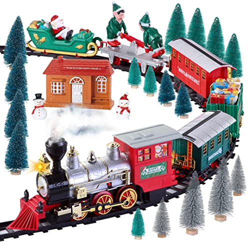 JOYIN Christmas Train Set with Real Smoke, Battery Operated Electric Train Set Including Steam Locomotive Engine, Passenger Car, Gift Car, 2 Xmas Elves, 1 Santa Claus and More! Best Xmas Train Gifts