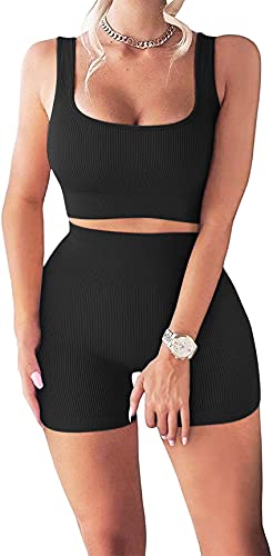 Summer Workout Sets for Women 2 Piece Seamless Ribbed Crop Tank High Waist Shorts Casual Yoga Outfits