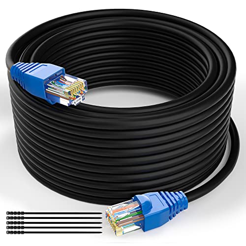 Cat6 Outdoor Ethernet Cable 100 Feet, Cat 6 Heavy Duty Internet Cord, Waterproof, Direct Burial, in Wall, POE, Network, Indoor, PVC & LLDPE UV Double Jackets, Supports Cat6 Cat5e Cat5 with 25 Ties