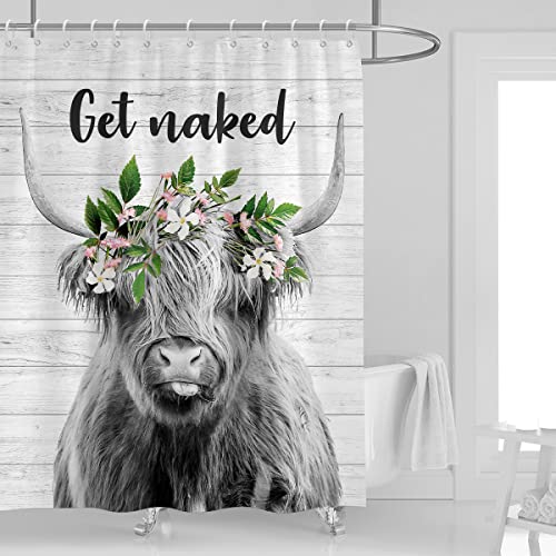 Kikiry Highland Cow Shower Curtain 60”W x 72”L Funny Western Bull Wearing Flower Leaves Rustic Wooden Farmhouse Barn Door Plank Wildlife Animal Polyester Fabric Waterproof 12 Pack Plastic Hooks