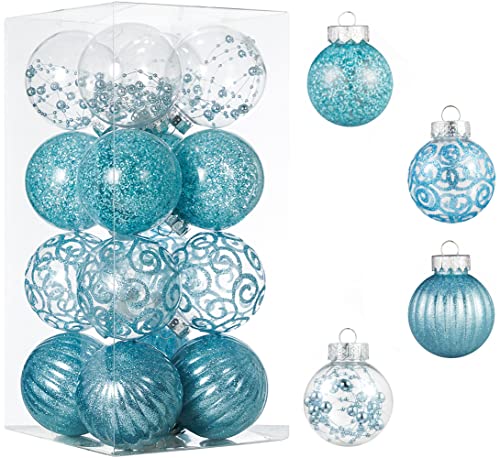 XmasExp 16ct Christmas Ball Ornaments Set -Clear Plastic Shatterproof Xmas Tree Ball Hanging Baubles Stuffed Delicate Glittering for Holiday Wedding Xmas Party Decoration (80mm/3.15″,Light Blue)