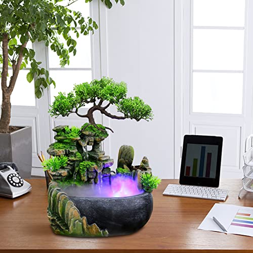 Indoor Water Fountain Rockery Ornaments Fountain Water Table Decor LED Light Tabletop Waterfall Zen Decor Table with Humidifier for Home Office