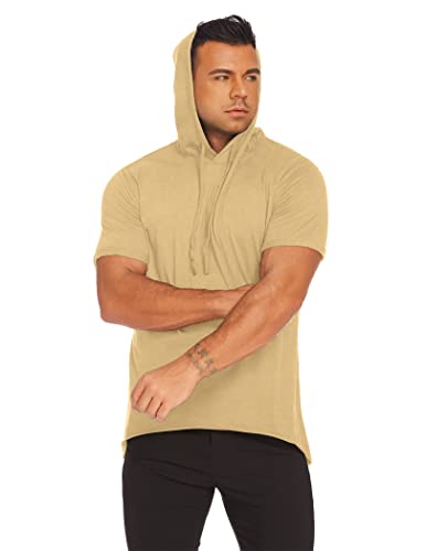COOFANDY Men’s Active Muscle Shirts Hooded Short Sleeve Fitness Tee Shirts, Khaki XL