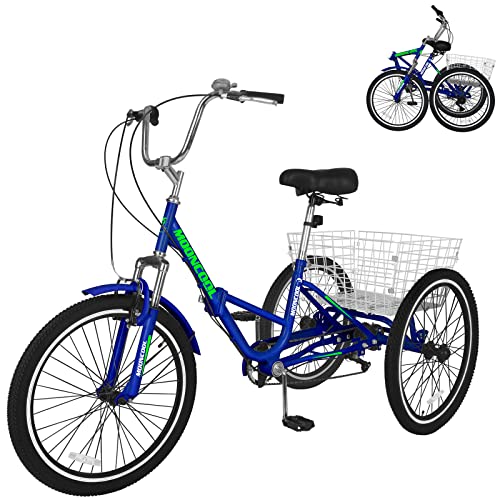 VANELL Adults Tricycles, 3 Wheeled 20″/24″/26″ 7 Speed Bicycle W/Large Size Basket for Shopping Exercise Recreation (Foldable- Blue, 26Inch)