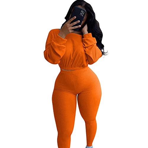 IyMoo Women 2 Piece Outfits Sweatsuit Set – Long Sleeve Ribbed Crop Top + Skinny Long Pants Tracksuit Jogger Set Orange M