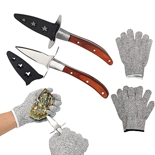 Anglekai Oyster Shucking Knife with 4 Gloves, Shucker Oyster Knife Set of 2 Stainless Steel Oyster Shucker kit with Oyster Shucking Gloves Stab Resistant for Oysters, Ark Shell, Clams