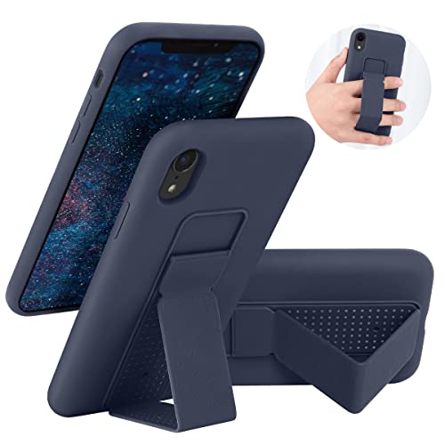 LAUDTEC Silicone Kickstand Case Compatible with iPhone XR case Vertical and Horizontal Stand Hand Strap Metal Kickstand, Flexible Soft Liquid Silicone Stand Case for iPhone XR (Midnight Blue)