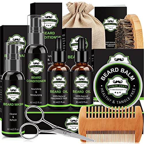 Christmas gifts for men- Beard Kit for Men with Beard Wash, Beard Conditioner, Beard Oil, Beard Balm, Beard Brush, Beard Comb, Beard Scissors, Storage Bag, E-Book, Gifts for Men Dad Husband Boyfriend