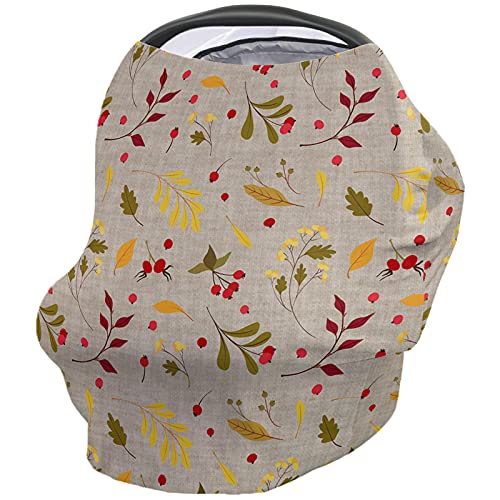 Fall Baby Car Seat Covers for Newborns Thanksgiving Berries Leaves Linen Carseat Cover for Girl Boy Soft Breathable Fabric Stretchy Adjustable Nursing Breastfeeding Covers 26×27.6 inch