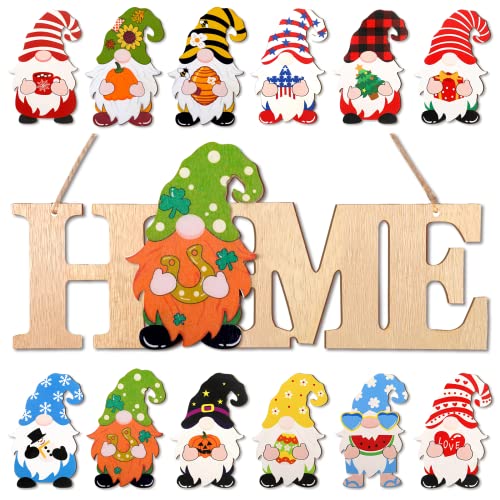 Yookeer Interchangeable Gnomes Home Sign Valentine’s Day Gnomes Decor Seasonal Gnome Home Decor Winter Wood Gnome Porch Sign with 12 Pieces Changeable Gnomes Rustic Door Sign Decor (Wood Color)