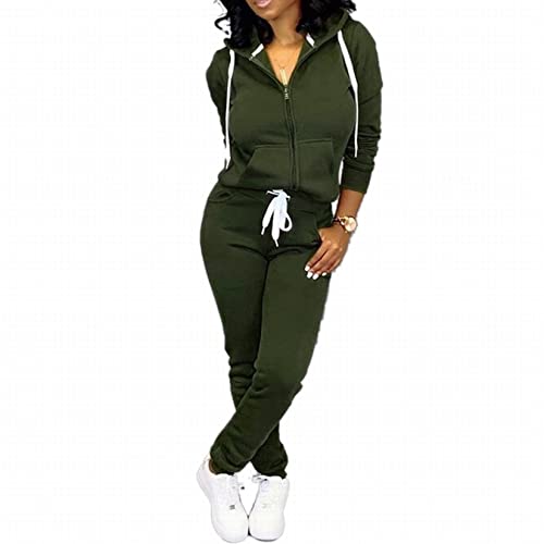 CLOCOR Track Suits for Women Set – Long Sleeve Casual Pullover Hoodie Solid Color Sport Suits with Pocket Army Green-XL