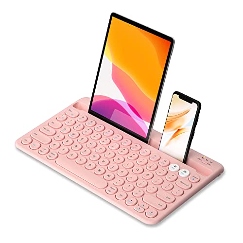 Samsers Multi-Device Bluetooth Keyboard, Rechargeable Wireless Bluetooth 5.1 Keyboard with Integrated Stand, Support 2 Devices for Smartphone Tablet iPad Laptop MacBook PC iOS Android Windows – Pink
