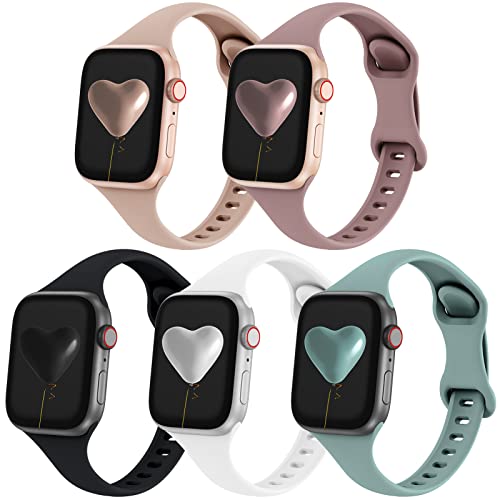 QRose 5 Pack Bands Compatible with Apple Watch 38mm 40mm 41mm 42mm 44mm 45mm, Slim Thin Narrow Replacement Silicone Sport Strap Wristbands for iWatch Series SE 8/7/6/5/4/3/2/1 Women Men