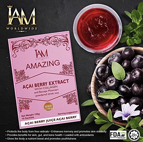 IAM Worldwide Amazing Acai Berry Extract with Collagen and Bacopa Monnieri – Drink Mix, Pink