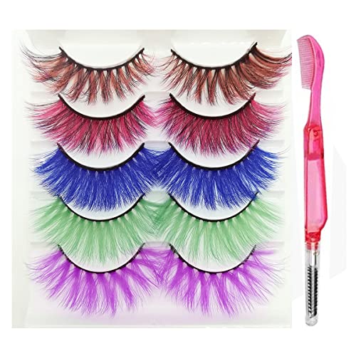 Colored Lashes With Comb Set 5 Pairs Colorful Eyelashes Halloween Easter Faux Mink Colored False Eye Lashes Long Dramatic Party Fake Eyelashes Makeup Tools