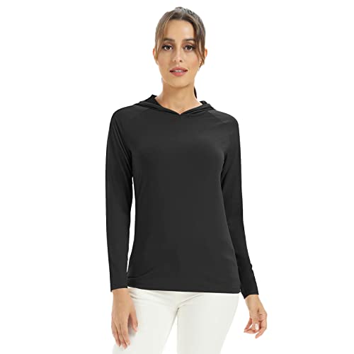 Women Long Sleeve UPF 50+ Sun Protection Hoodies T-Shirt Fitness Running Sweatshirts Athletic Shirts（Black,L）