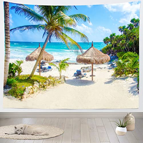 Loccor 9x6ft Tropical Beach Tapestry Backdrop Sea Landscape Deckchair Palm Hawaii Luau Bedroom Aesthetic Garden Classroom Home Wall Hanging Kids Adults Living Room College Dorm Apartment Decor