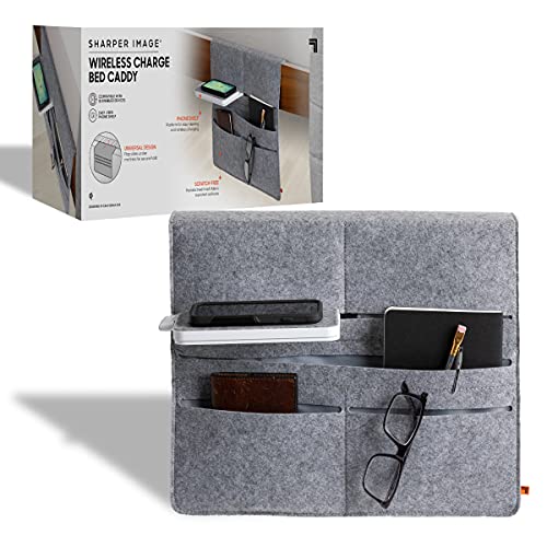 Sharper Image Wireless Qi-Charging Bed Caddy, Soft Fabric Organizing Pockets with Phone Shelf and Universal Bed Attachment