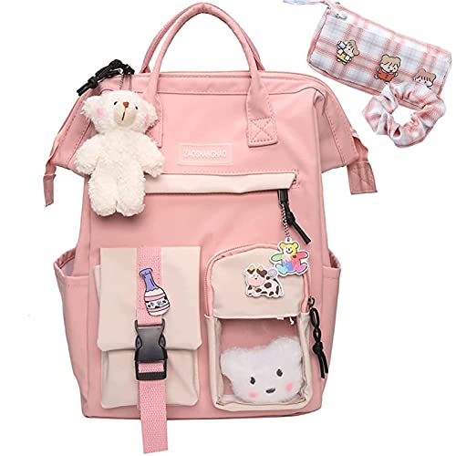 Skyearman Kawaii Backpack with Cute Accessories Kawaii Pin Large Capacity Girl School Bag Rucksack Multi-Pocket Hanging Bear (Pink), One Size