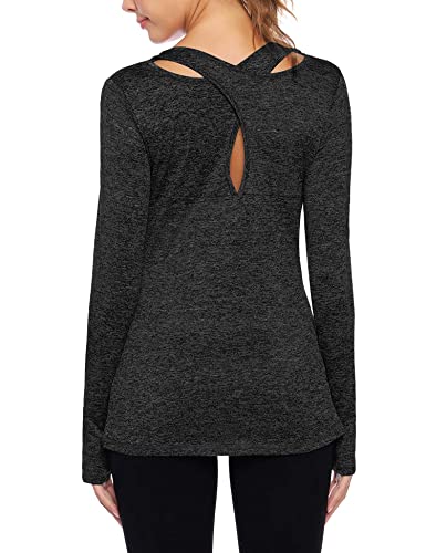 ADOME Long Sleeve Black Shirt Loose Fit Women Yoga Workout Tops Athletic Running Tshirts for Hiking Quick Dry Moisture Wicking Activewear