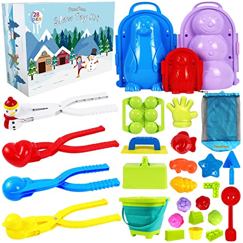 28 PCS Snow Toys, Snow Toys for Kids Outdoor, Winter Snow Toys Kit for Kids and Adults, Snowball Maker Toys Sand Toys, Fun Snowball Game Toys with Carrying Bag, Xmas Gifts for Kids Toddler