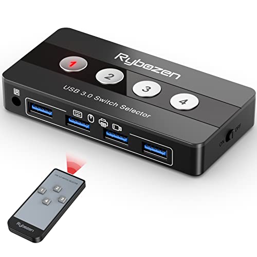 Rybozen USB 3.0 Switch Selector, 4 Port KVM Switches USB Hub Peripheral KVM Switcher Box, 4 Computers Sharing 4 USB Devices, for PC, Printer, Scanner, Mouse, Keyboard, Button Switch & Remote Control