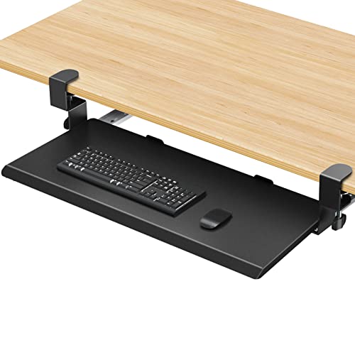 WOKA Keyboard Tray Under Desk Ergonomic 26″x12″ Keyboard Mouse Holder, Pull Out Sturdy C Clamp Mount System, Computer Keyboard Platform Tray Slide-Out Keyboard Drawer Shelf for Typing, Black
