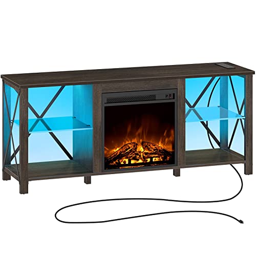 Rolanstar Fireplace TV Stand 55″ with LED Lights and Power Outlets, Entertainment Center with Adjustable Glass Shelves, TV Console for 32″ 43″ 50″ 55″ 65″, Walnut