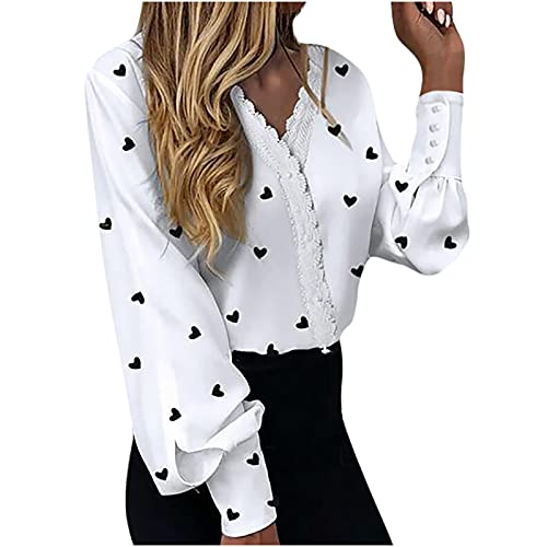 Women Polka Dot Print Long Sleeve Tops Lace Stitching Thin Loose Fit Tops Button V-Neck Shirt Blouse Sweater White