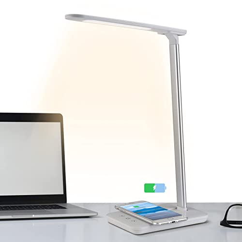 SUNNEST LED Desk Lamp, Adjustable Desk Light with Wireless Charger, USB Charging Port, 3 Color Modes Desk Light for Home Offic, Touch Control Infinitely Dim and Brighten
